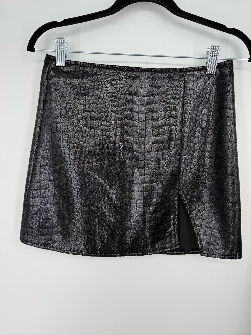 Motel Rocks Black Faux Croc Mini Skirt with Front Slit size XS